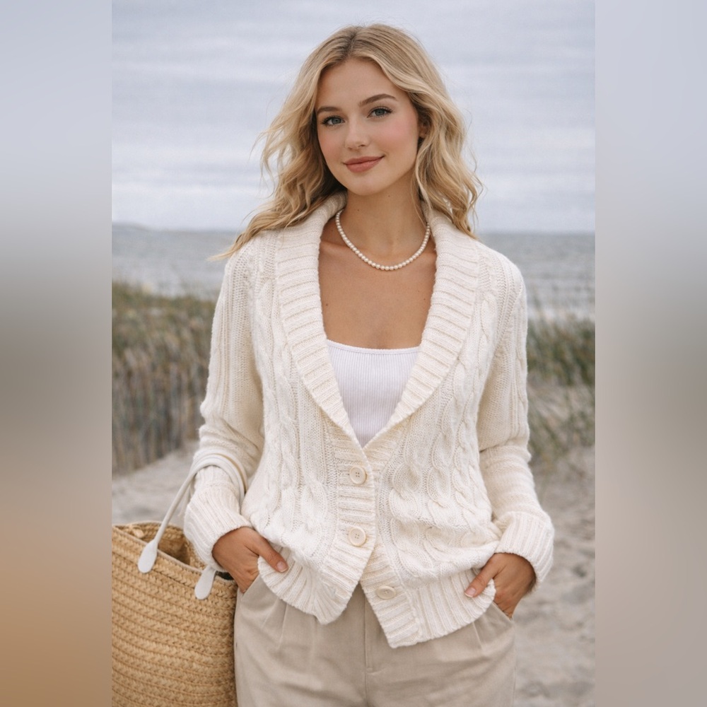 St. John’s Bay Ivory Cable Knit Cardigan Preppy Coastal Grandma Classic Sz M‎